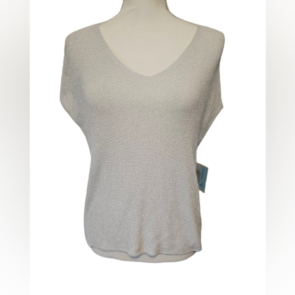 CeCe White with Silver Glimmer V-Neck Top Women's Size Medium NWT